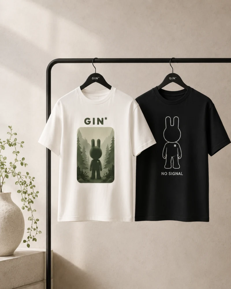 T-shirt GIN Wear esposte in uno spazio naturale